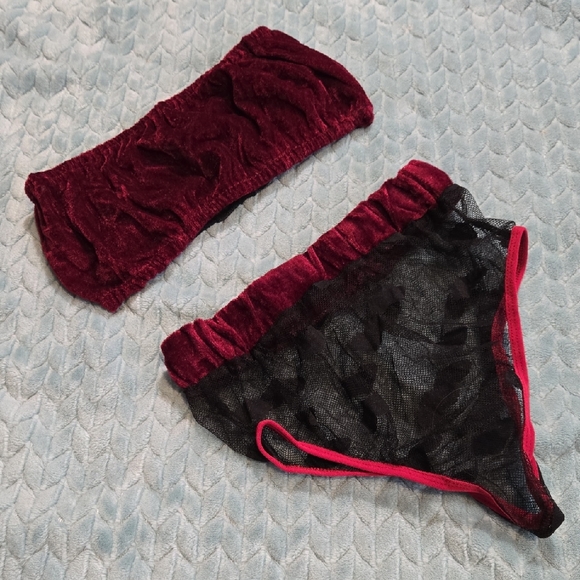 Other - Velvet and Mesh Intimates Set - Burgundy and Black